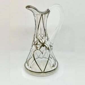 Vintage Silver Overlay Glass Cruet 5” Small Pitcher Art Deco No Stopper